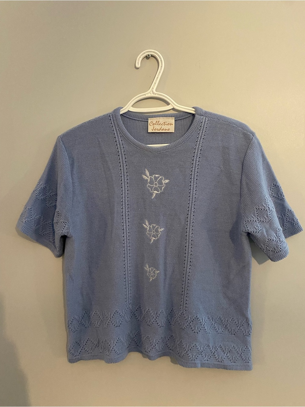 Blue Knit Top with Floral Embroidery